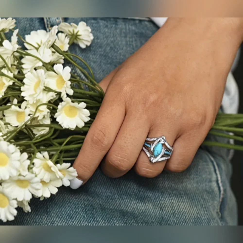 New Turquoise Inspired Statement Ring Silver Tone Marquise Turquoise Ring T2B1D